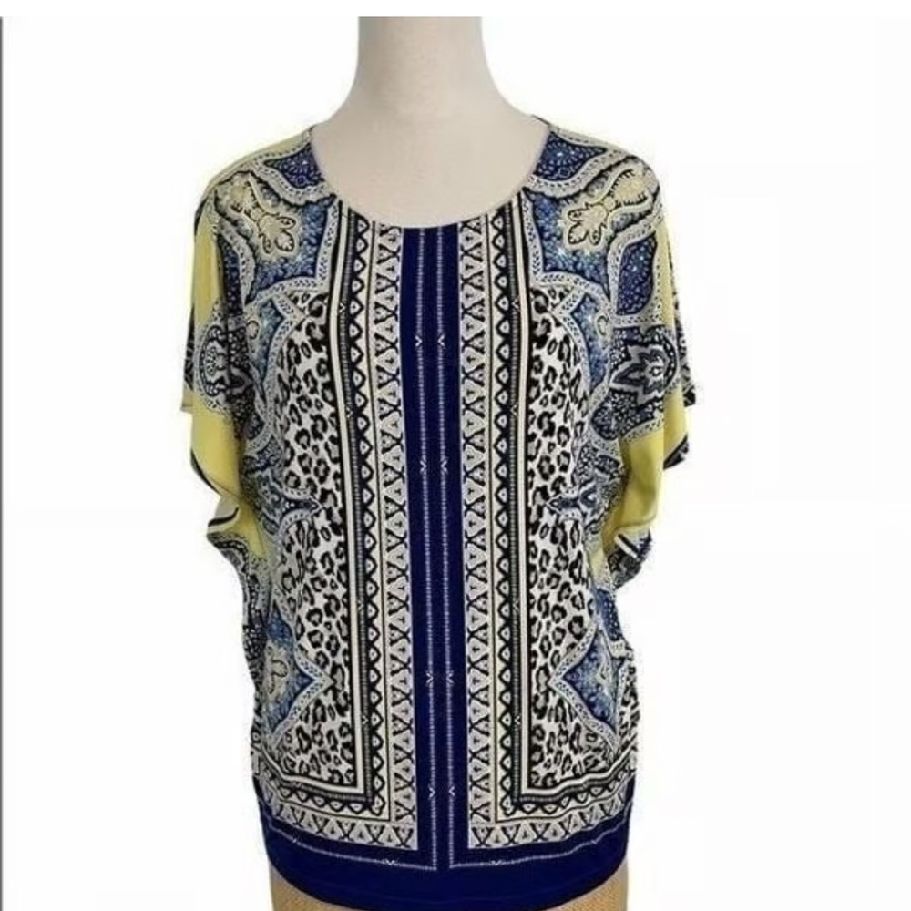 Chico's Blue and White Boxy Short Sleeve Blouse